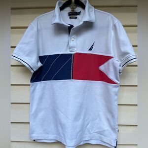 Nautica white/red/blue short sleeved polo, blue trim, side small slits, size Lg